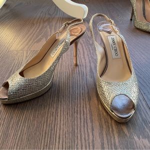 Jimmy Choo gold peep-toe sling-back heels